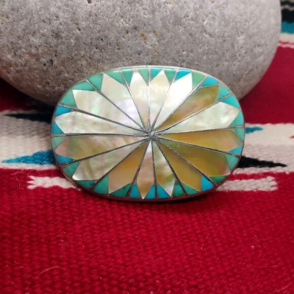 Vtg Zuni Inlay Set Belt Buckle Watch Tips Turquoise Mother of Pearl Sunburst - Picture 3 of 16